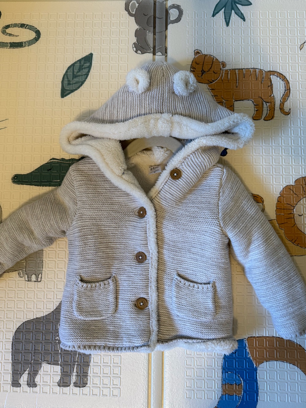 Cozy Hooded Knit Baby Jacket in Light Gray with Sherpa Lining